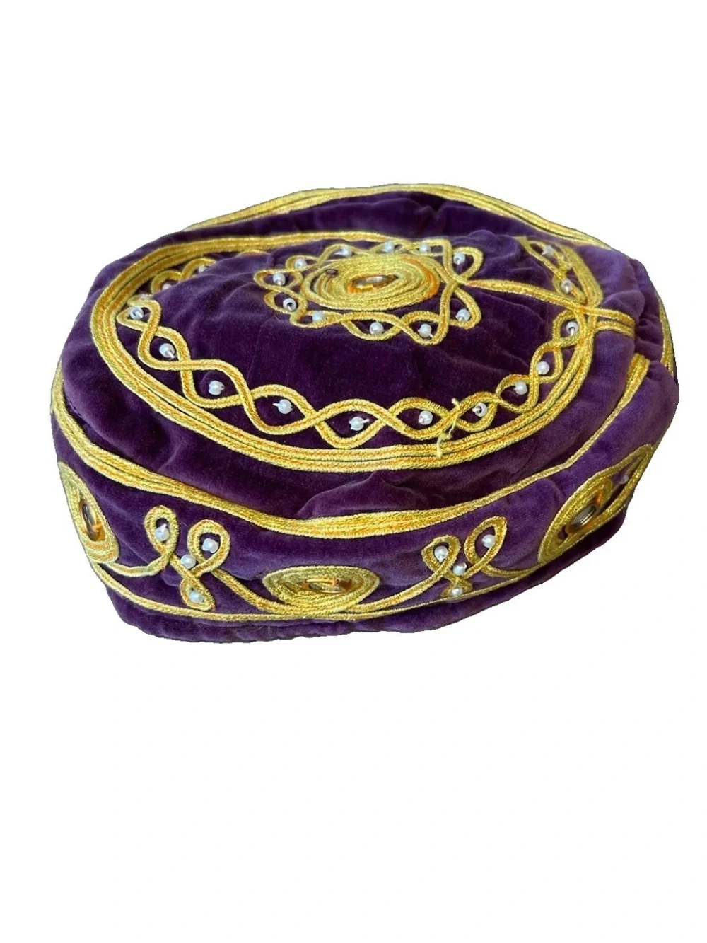 Vintage Velvet Embroidered Turkish Islamic Hat Kufi Gold Thread Mirror Bead